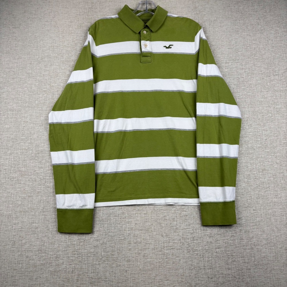 Hollister Y2K Mens XL Long Sleeve Polo Shirt Green White Striped Seagull Logo